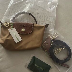 Longchamp mini crossbody bag in tan with brown trim